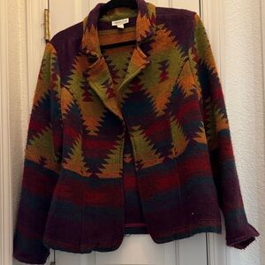 Coldwater Creek Olive, Plum and Rust tribal/aztec print cardigan jacket
